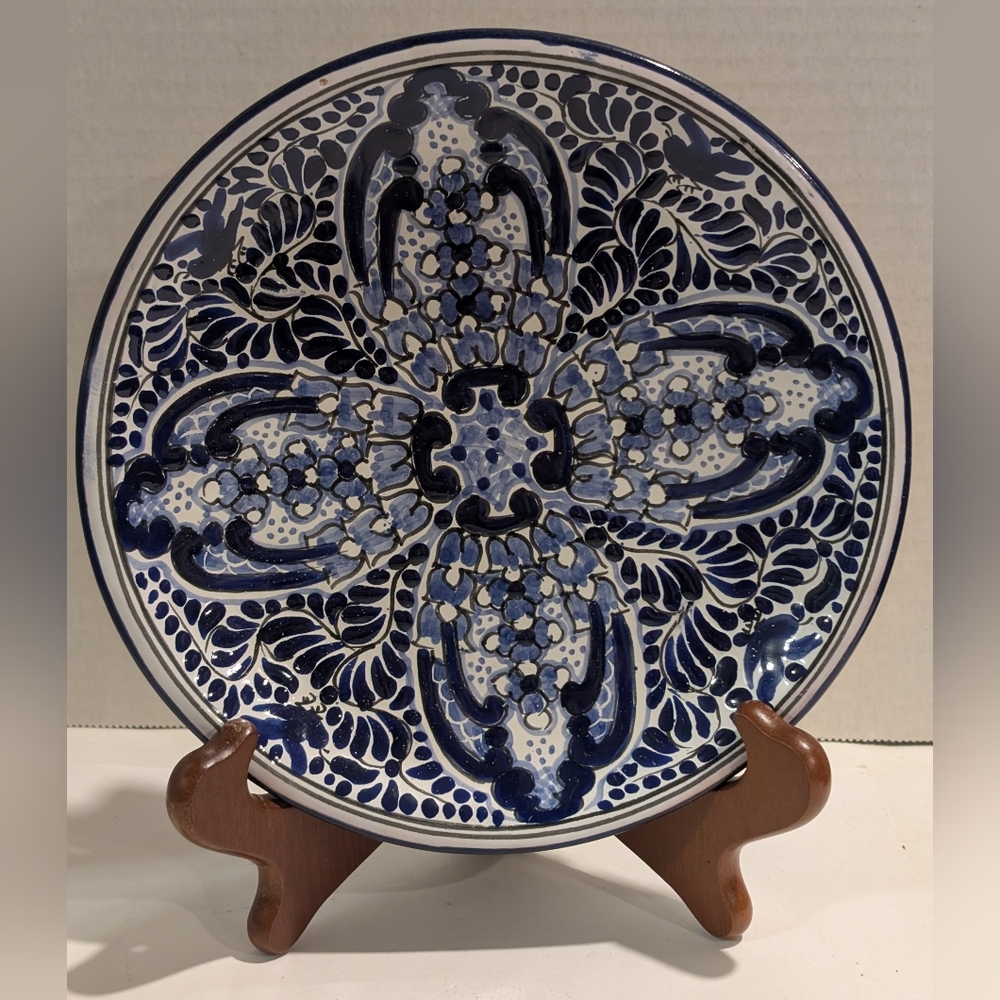 Two Hand Painted Puebla Talavera Collection Blue White Ceramic Dinner Plates.